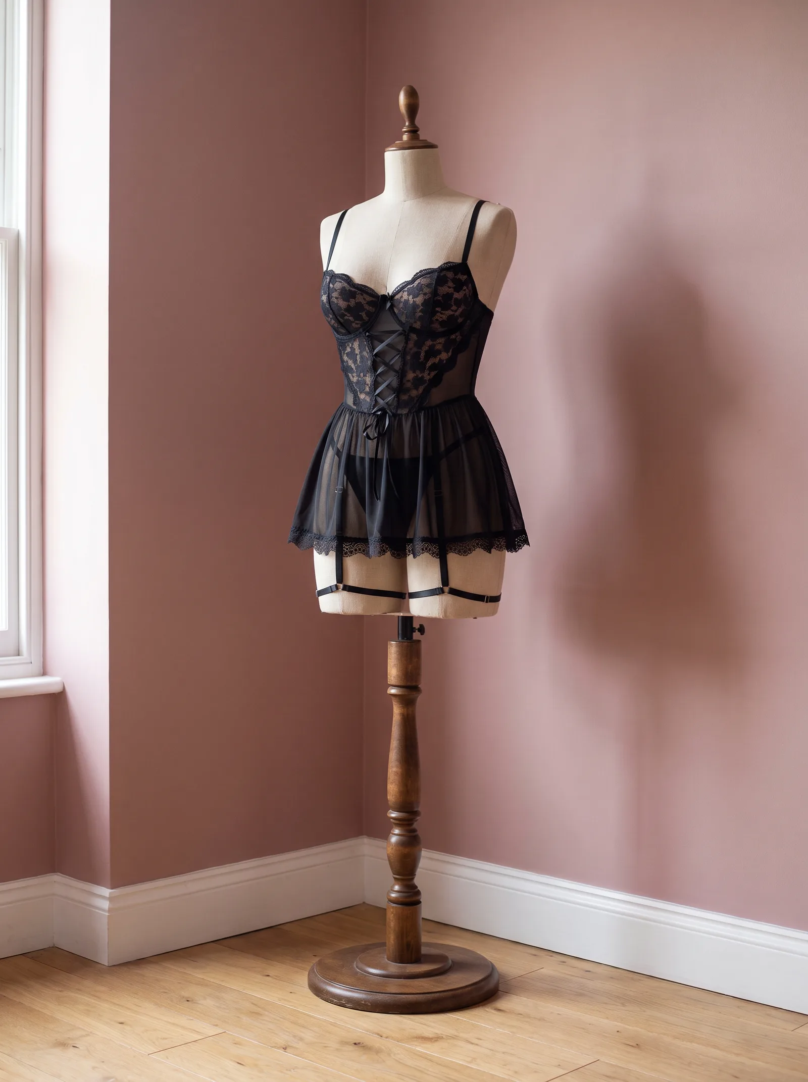 Siyah Korse Babydoll (Bacak Jartiyerli)
