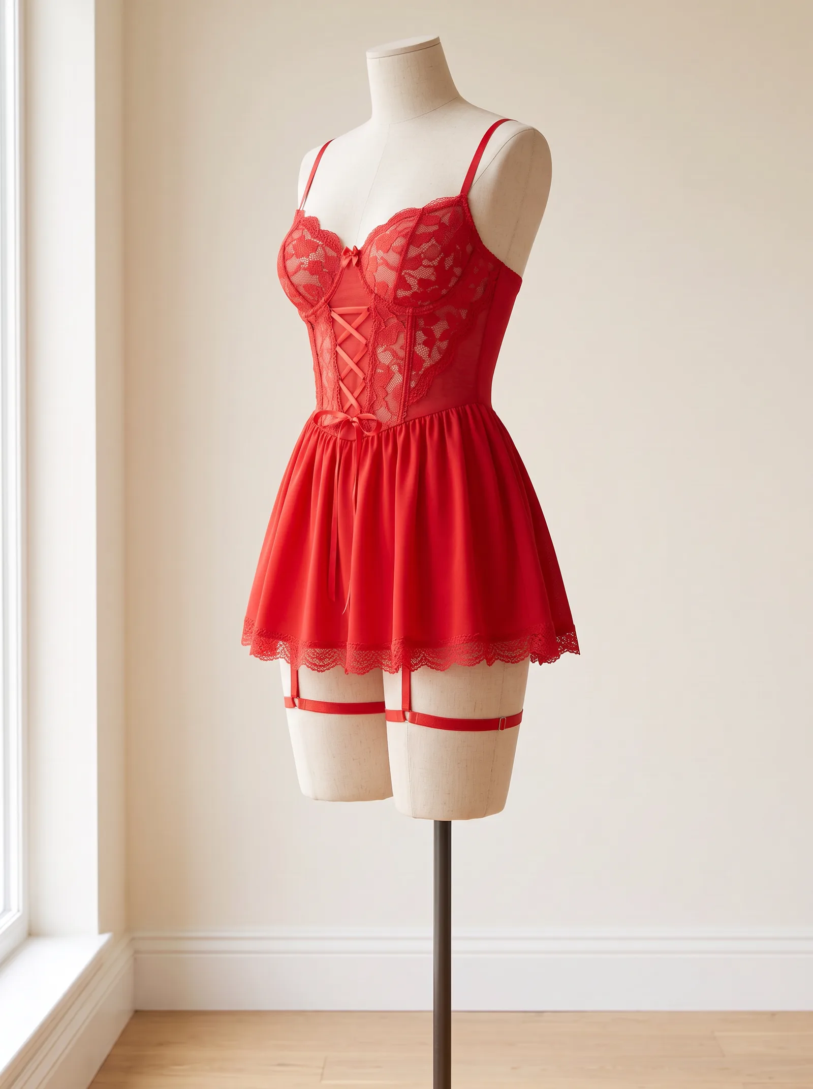 Kırmızı Korse Babydoll (Bacak Jartiyerli)
