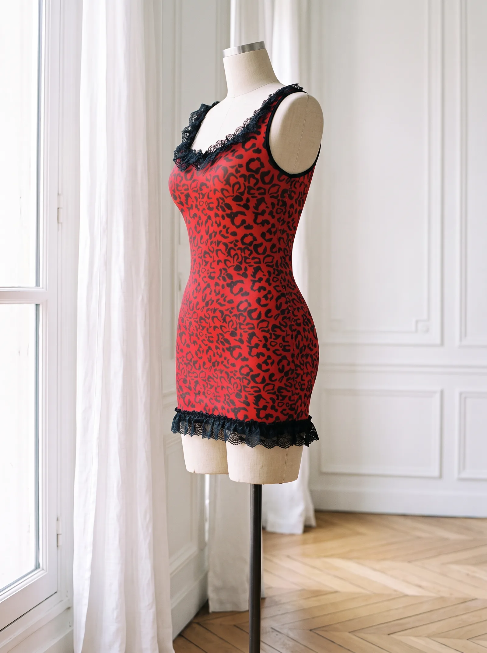 Kırmızı-Siyah Leopar Mini Elbise